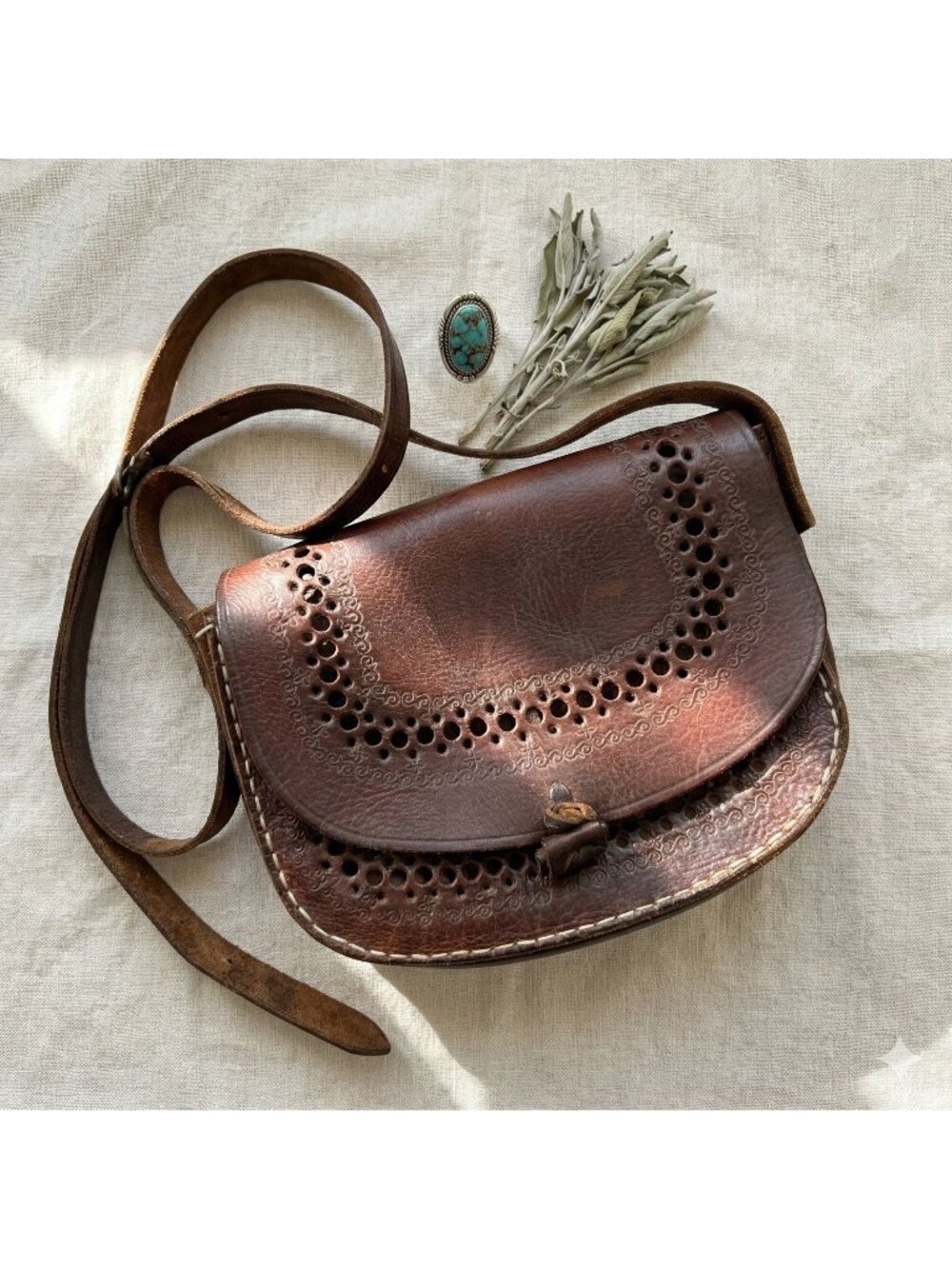 Vtg 70s Tooled Leather Crossbody Purse Cut Out Shoulder Bag Crossbody Purse Brow